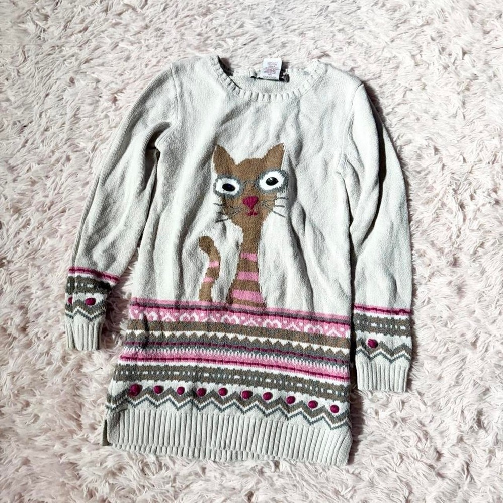 Quirky Fair Isle Cat Lover Drawing Kidcore Maximalist Sweater Dress Girls 6